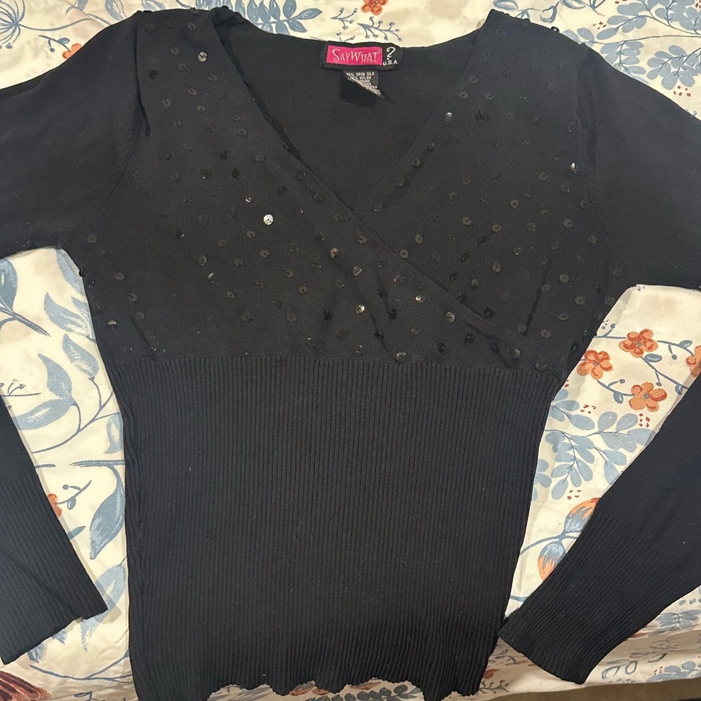 Say What? Elegant Black Knitwear Sequin Silk top